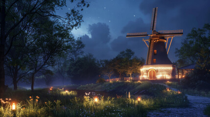 Traditional windmill illuminated under the enchanting moonlit sky - obrazy, fototapety, plakaty
