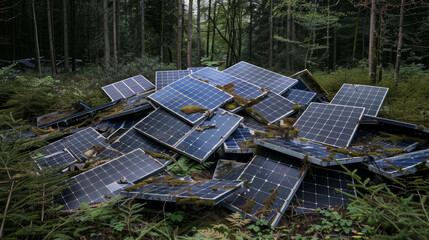 Abandoned solar panels sit in disrepair within a thick forest, highlighting untended renewable energy assets