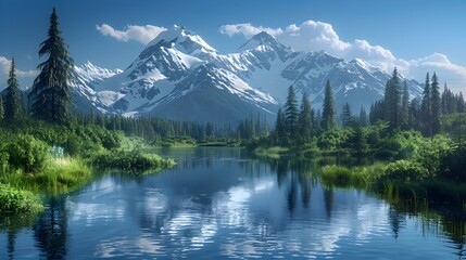 Breathtaking Mountain Lake Landscape with Snowy Peaks and Tranquil Reflection - obrazy, fototapety, plakaty