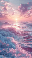 Breathtaking Sunset Over Serene Ocean Waves and Cloudy Sky Reflecting on the Tranquil Water - obrazy, fototapety, plakaty