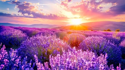 Fototapeta premium Lavender field at sunset light in Provence, amazing sunny landscape with fiery sky and sun, France