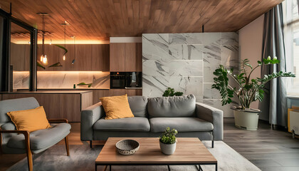 Living room marble wall chic expensive interior of luxurious with modern design hotel condo apartments lobby - obrazy, fototapety, plakaty