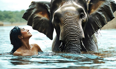Young happy woman swimming near elephant in lake. Tropical vacation. asian thai girl playing with big elephant in the sea. female enjoying warm water with closed eyes. - obrazy, fototapety, plakaty
