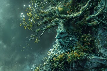 Enchanted Mystical Tree in Lush Ethereal Forest Scenery - obrazy, fototapety, plakaty