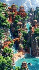 Enchanting Mystical Palace Nestled in Lush Tropical Landscape with Cascading Waterfalls and Serene Lake - obrazy, fototapety, plakaty