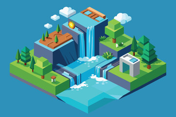 A waterfall flows down rocks with trees and bushes surrounding it in a natural landscape, Waterfall method Customizable Isometric Illustration