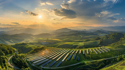 Sunset over a hilly landscape showcasing solar panels in a panoramic view - obrazy, fototapety, plakaty