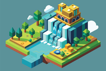 Low polygonal artwork depicting a stylized waterfall cascading down a rocky cliff in isometric view, Waterfall method Customizable Isometric Illustration