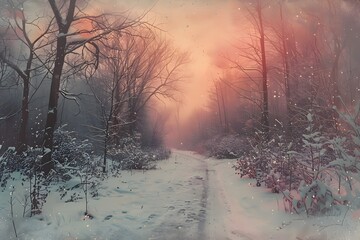 Enchanting Snowy Winter Wonderland Path Through Ethereal Forest Landscape - obrazy, fototapety, plakaty