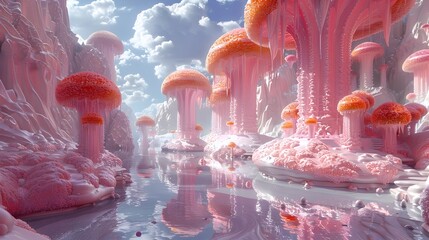 Enchanting Underwater Mushroom Fantasy Landscape with Ethereal Reflections - obrazy, fototapety, plakaty