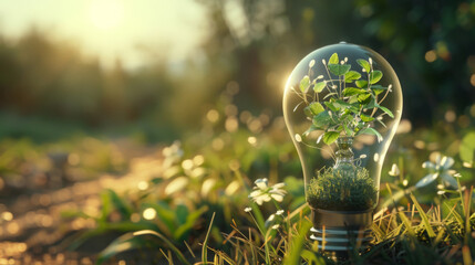 Green plant grows inside a lightbulb, symbolizing renewable energy and eco-innovation
