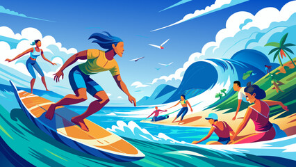 Vibrant Summer Surfing Adventure at Tropical Beach