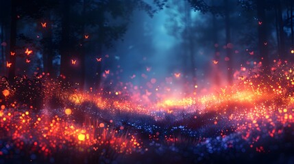 Glowing Enchanted Forest with Shimmering Lights and Mystic Particles in the Dark Night Landscape