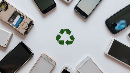 Various types of brand mobile phones and Recycling symbols in the middle. Top view