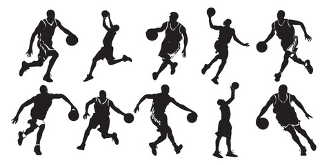 set of silhouettes of people playing basket ball