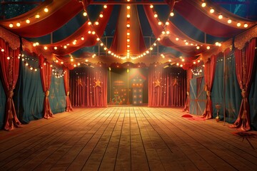 Magical empty circus stage with glowing lights and starry backdrop under the big top tent