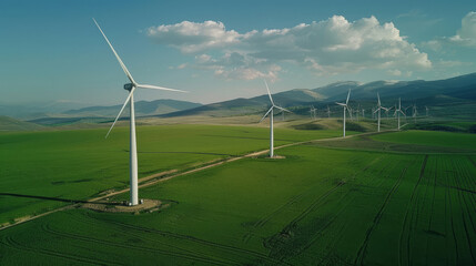Aerial view of wind turbines amidst verdant fields under a clear sky, symbolizing sustainable energy