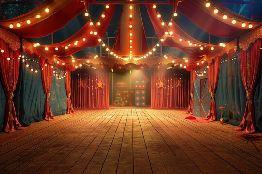 Magical empty circus stage with glowing lights and starry backdrop under the big top tent