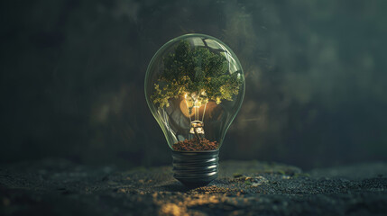 Vibrant green tree encapsulated in a light bulb, representing sustainable energy solutions