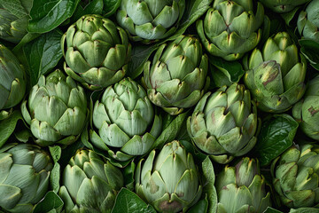 Abstract pattern of overlapping artichoke leaves, creative use of texture and green tones 
