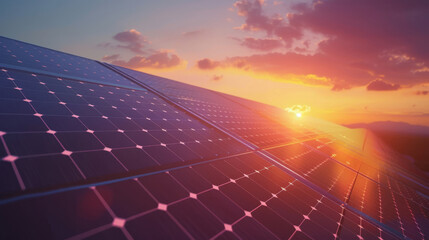 Solar panels gleam under the vibrant sunset, symbolizing sustainable energy