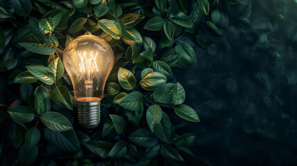 Radiant light bulb represents renewable energy among lush green foliage