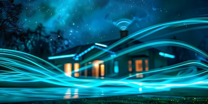 High-speed wireless internet for home with fiber optic technology and floating house. Concept High-speed Internet, Fiber Optic Technology, Home Networking, Floating House