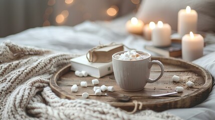 A close-up shot of a rustic wooden tray placed on a bed, adorned with a cup of hot cocoa topped with marshmallows, a stack of books, a plush blanket, and a cluster of lit candles, creating a snug. - Powered by Adobe