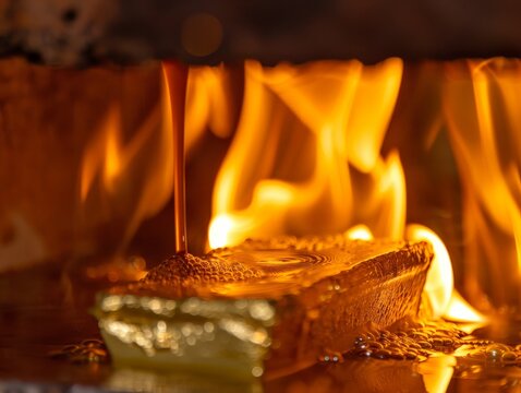 A photo of a gold ingot being melted in a furnace, with molten gold dripping down and flames flickering in the background