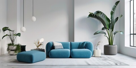 Contemporary living room with blue couch on white walls