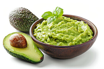 Bowl of creamy avocado guacamole, bright green and textured, isolated on a clean white surface 