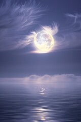 A photo of a majestic full moon peeking through a veil of wispy cirrus clouds, casting an ethereal glow on a calm lake below