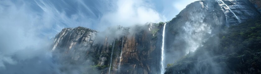 A photo of a majestic waterfall cascading down a cliff face, shrouded in mist and framed by wispy cirrus clouds
