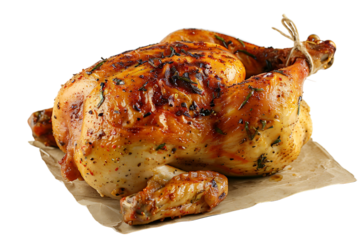 Whole grilled chicken on isolated transparent background