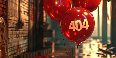 "404" error page with colorful celebratory balloons 