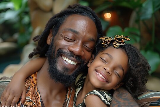 A man with dreadlocks sits next to a little girl, engaging in conversation and smiling
