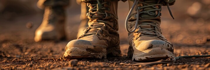 Boot camp and basic training military concept with military boots standing at attention in formation