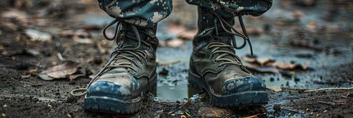 Boot camp and basic training military concept with military boots standing at attention in formation