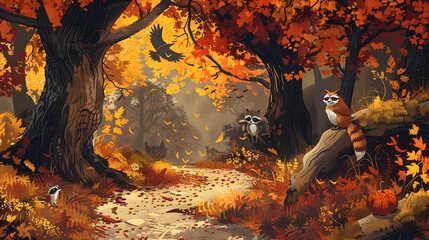 Autumn Woodland Path With Vibrant Fall Foliage and Enchanting Atmosphere