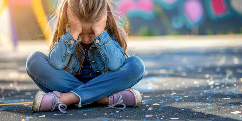 Close-up sad Crying child girl sitting on the ground at the schoolyard. Loneliness, bullying, social adjustment at school, difficulties and crisis.