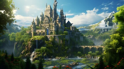 An enchanting fairy-tale castle perched atop a mountain, surrounded by lush greenery and animated creatures roaming the grounds.