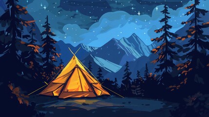 Camping in a Tent Under the Stars and Milky Way Galaxy - Scenic landscape with hils and mountains with orange glowing tent in dark with view of night sky with Milky Way and bright stars.