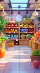 supermarket filled with fresh produce in modern 3D animation style