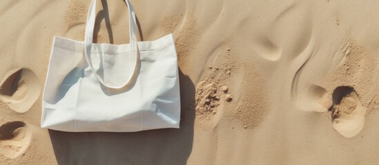 Flat lay on a beach sand background featuring a white cotton or mesh bag The bag represents a zero waste eco friendly shopping and recycling concept It is a blank mockup shopper with copy space for a