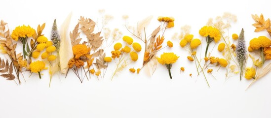 In the middle of a white background there is a top view flat lay arrangement of yellow dried flowers and plants creating a border frame There is enough empty space for additional content