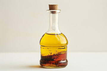 Classic vinaigrette in a glass bottle, oil and vinegar layers visible, isolated on a white surface 