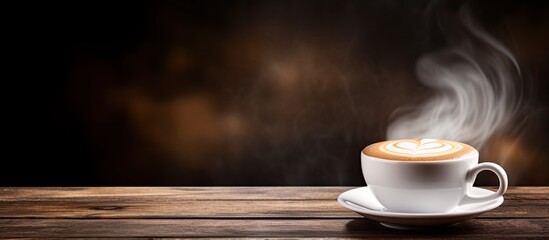 A steaming cup of coffee either a latte or cappuccino sits on a wooden table offering a dark background and ample copy space