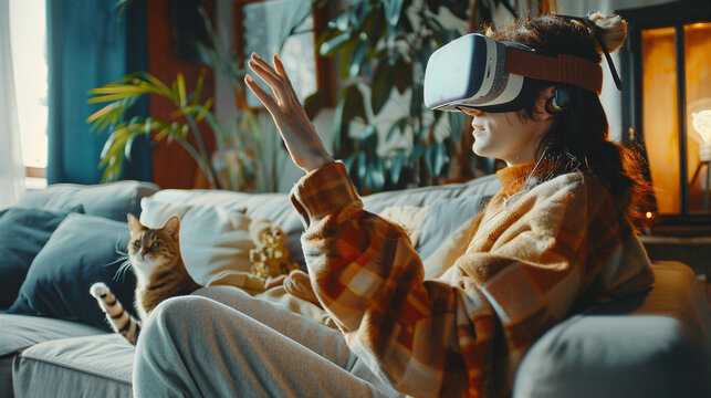 Young woman wearing virtual reality headset sitting on couch in living room and smiling