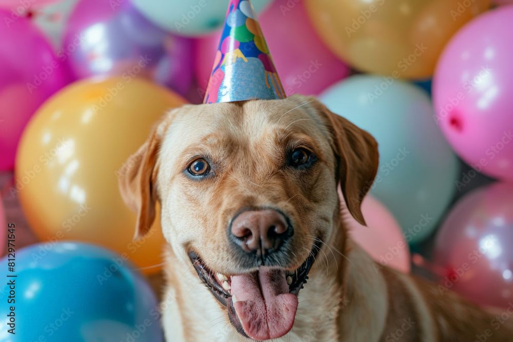 Poster Close-up of a happy dog with a party hat on, surrounded by colorful balloons for Dog Day 