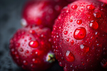 Close-up of a cranberry with droplets of water, vibrant red against a dark background 